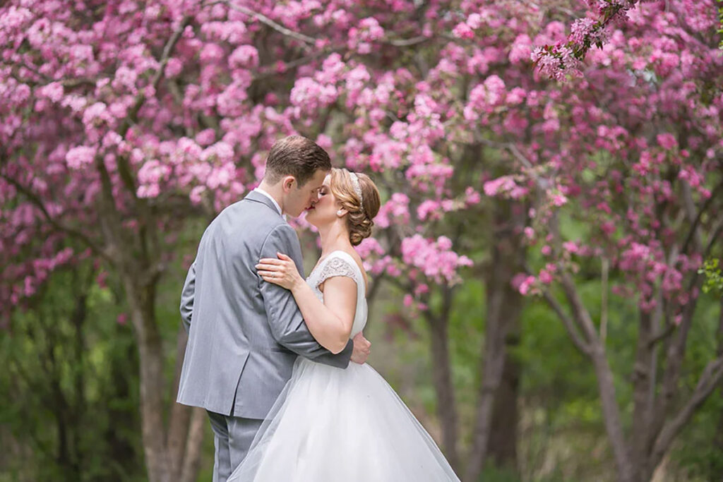 A couple kissing under a cherry blossom tree