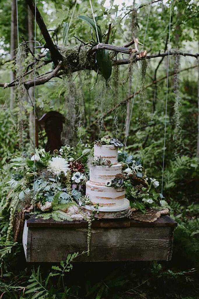 A white semi iced cake suspended from a tree in a forest environment