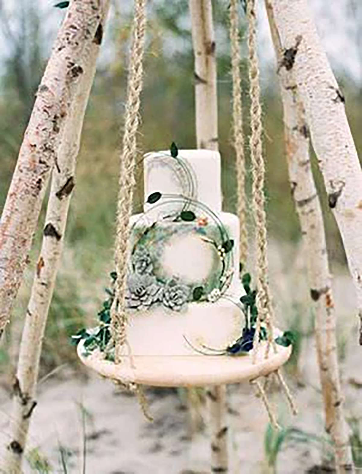 A white cake suspended from birch tree branches