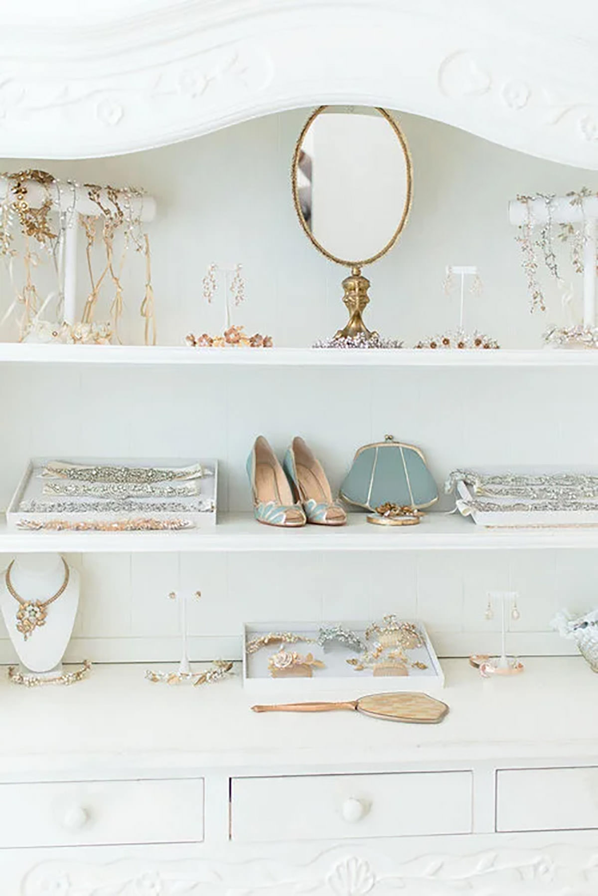 A display case of wedding jewelry and accessories