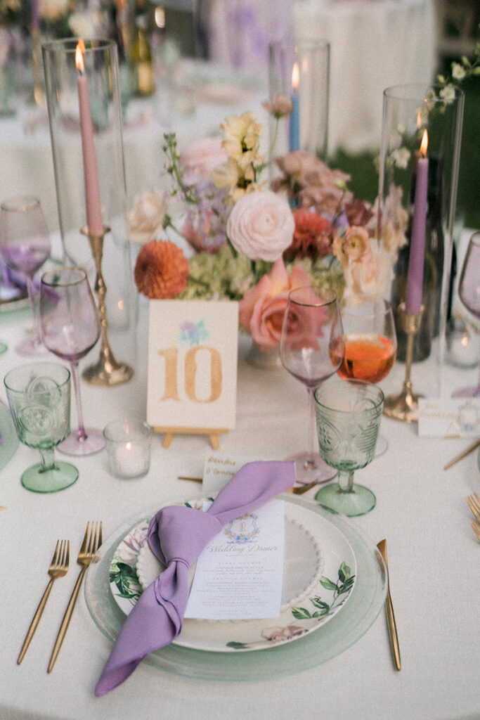A place setting with pastel colours.