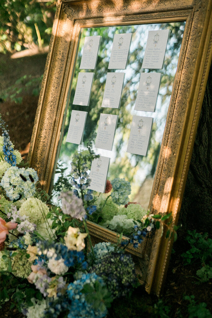 A seating chart on a gold mirror.