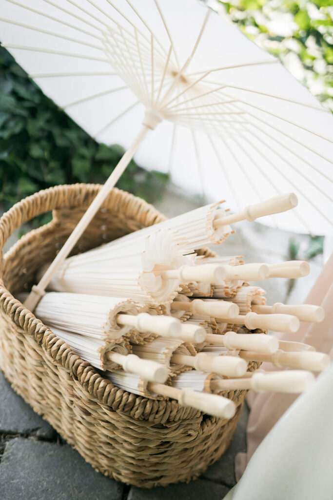 parasols in a basket for wedding guests