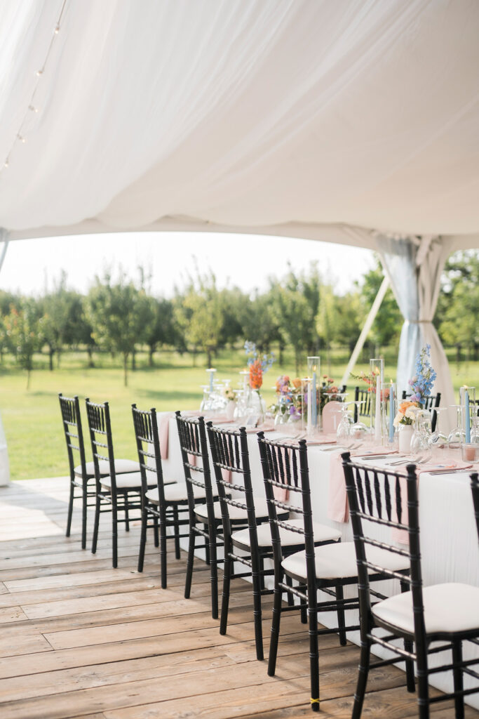 harvest wedding reception table with vineyard view