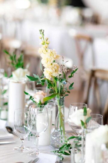 A tablescape showing candles and flowers.
