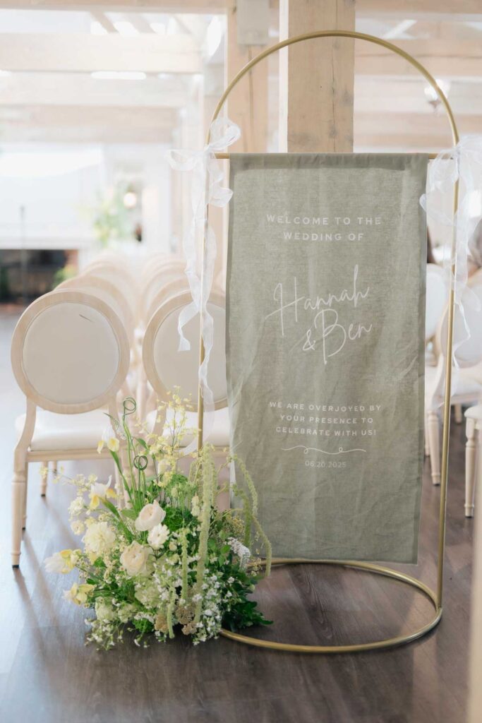 sage green wedding welcome signage with florals