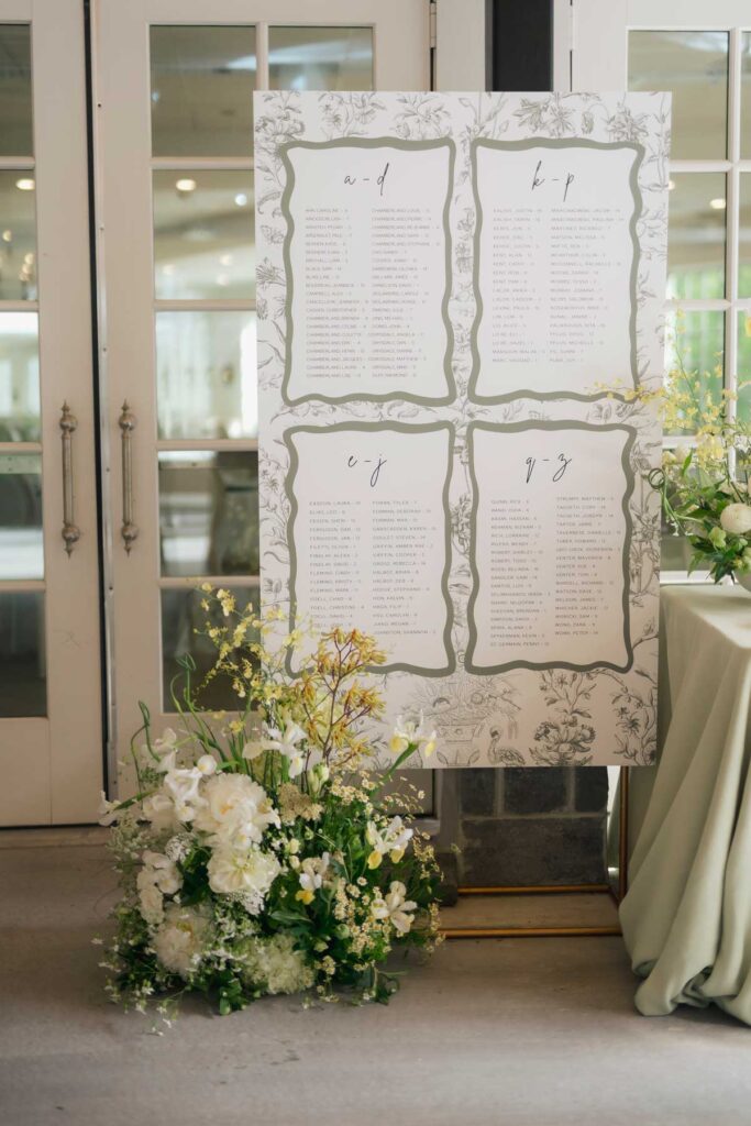 wedding guest seating chart with floral arrangement