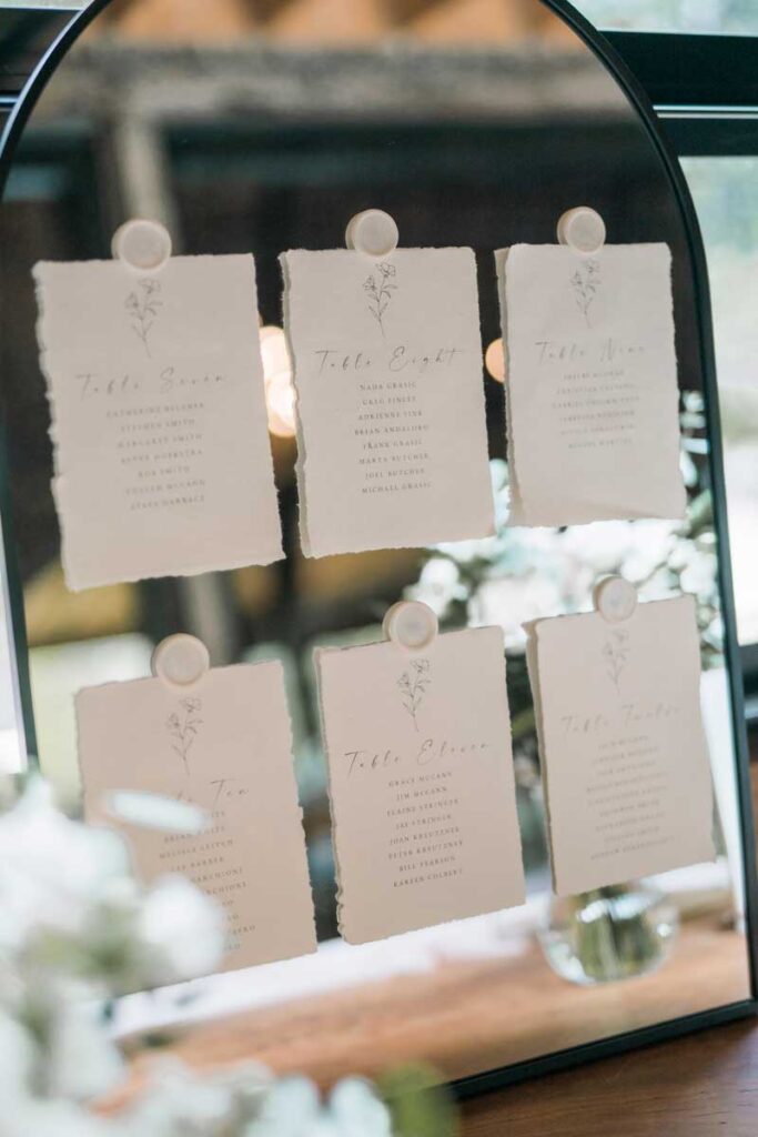 seating chart with paper wax seals on a mirror