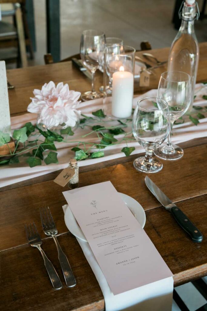 wedding reception table decor and place setting
