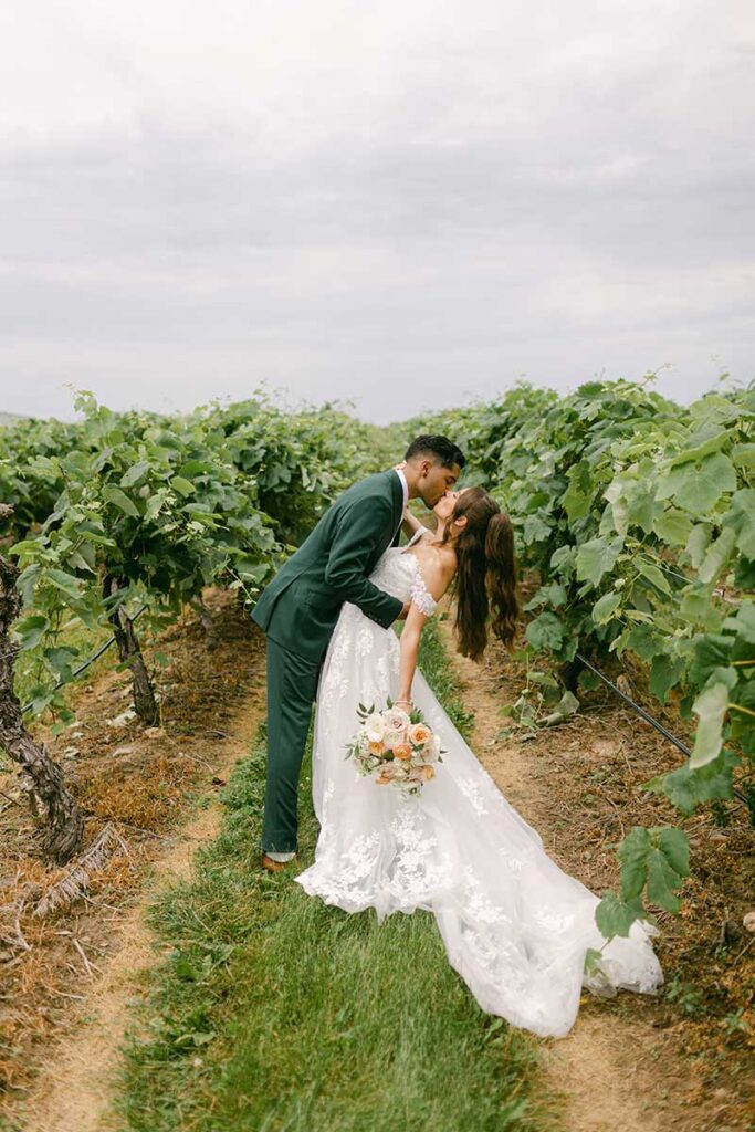 bride and groom in a vineyard